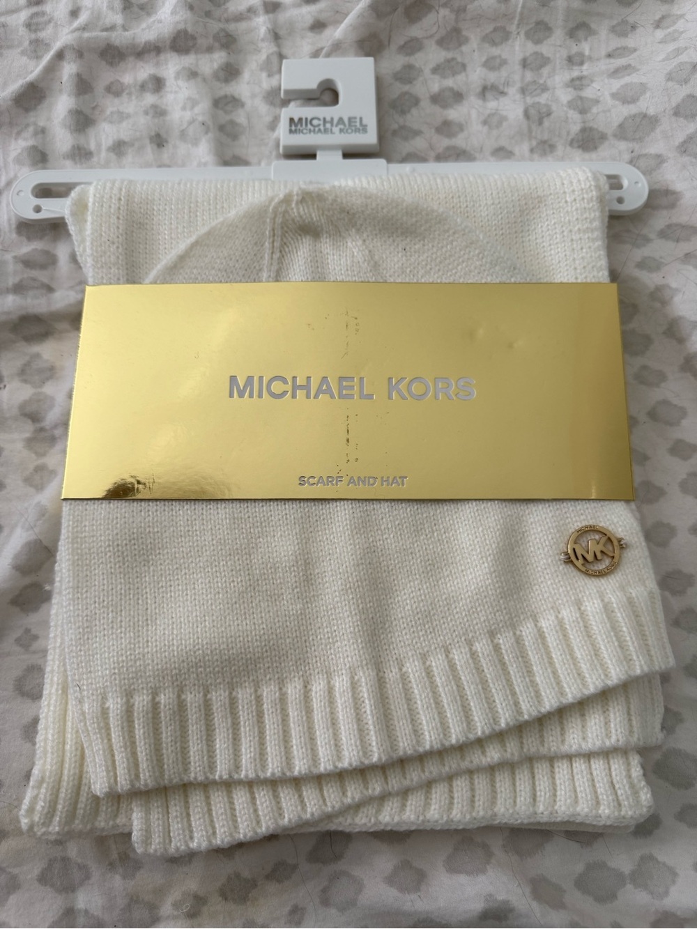 Michael Kors Cream Knit Scarf and Hat Set with Gold MK Emblem